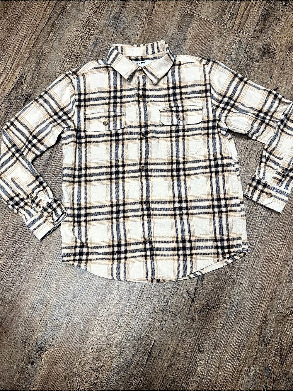 Old Navy Boys black and tan Plaid Button Down Shirt size large (10-12)